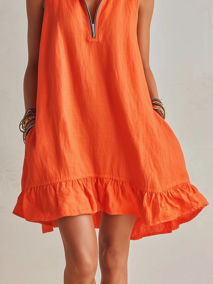 Women's Sleeveless Cotton-Linen Half-Zip Ruffle Hem Mini Dress