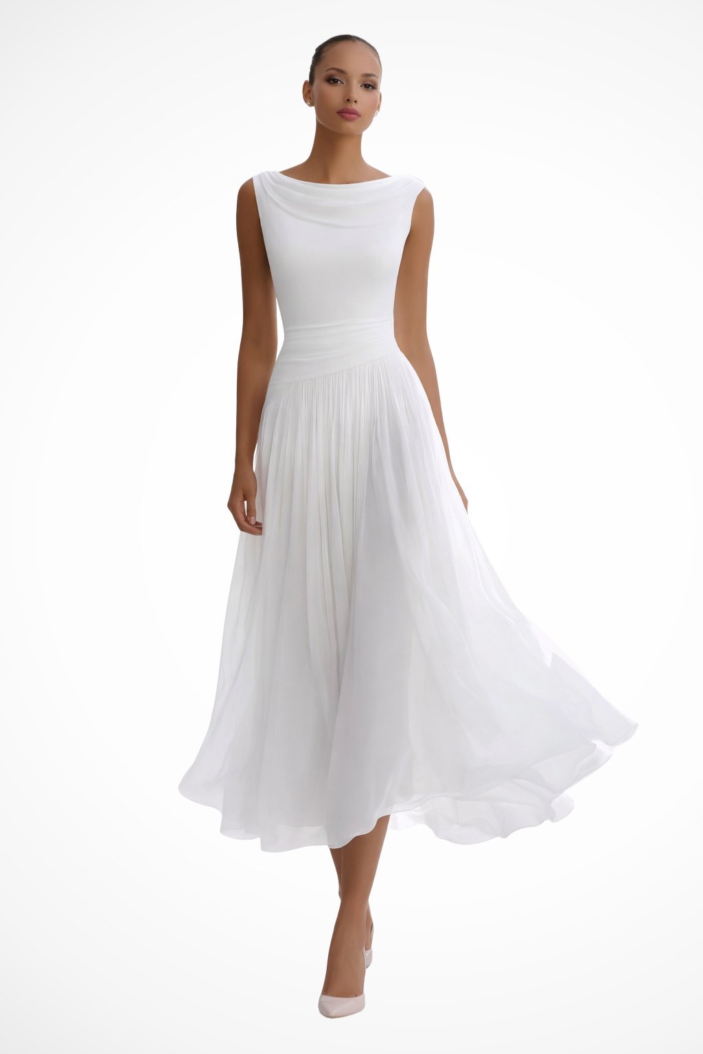 Women's Sleeveless Cowl-Neck Pleated A-Line Midi Dress - White