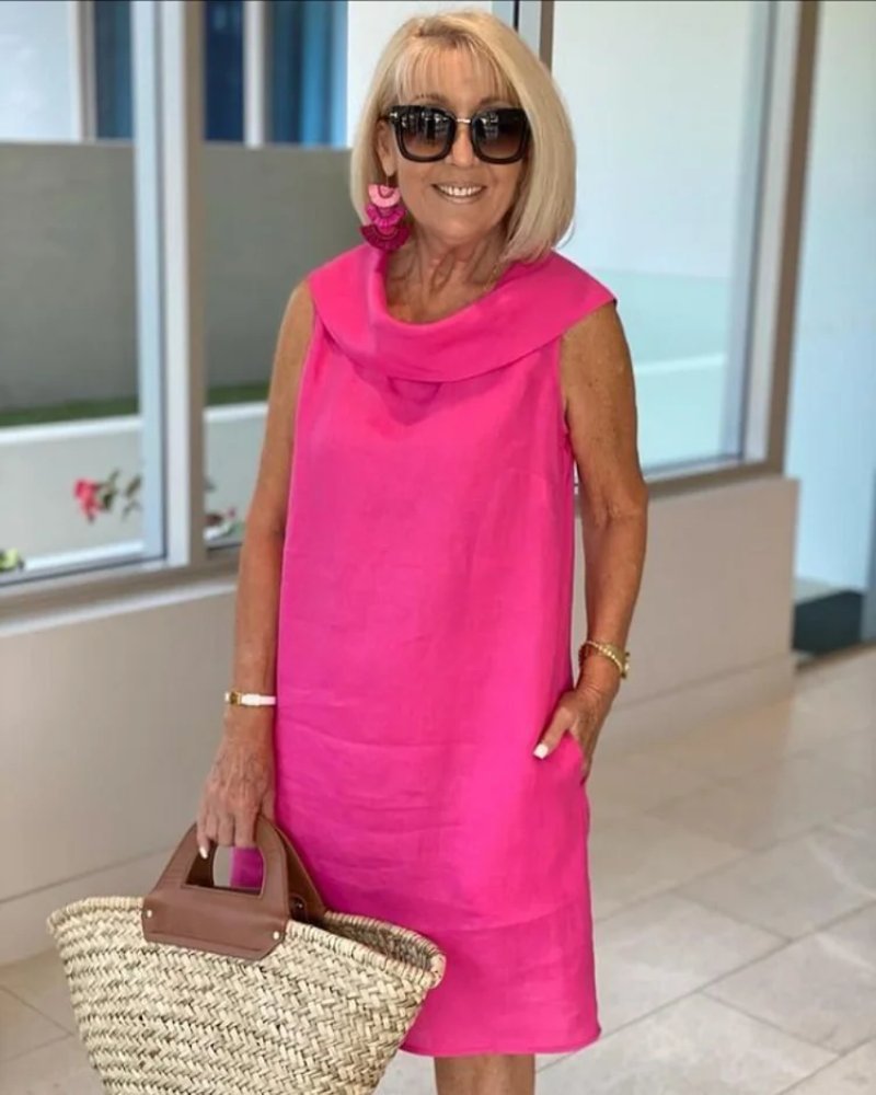 Women's Sleeveless Cowl-Neck Relaxed Shift Dress - Pink