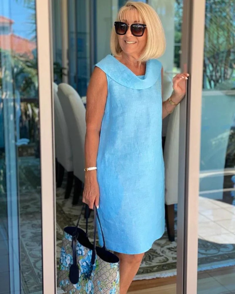 Women's Sleeveless Cowl-Neck Relaxed Shift Dress - Sky Blue