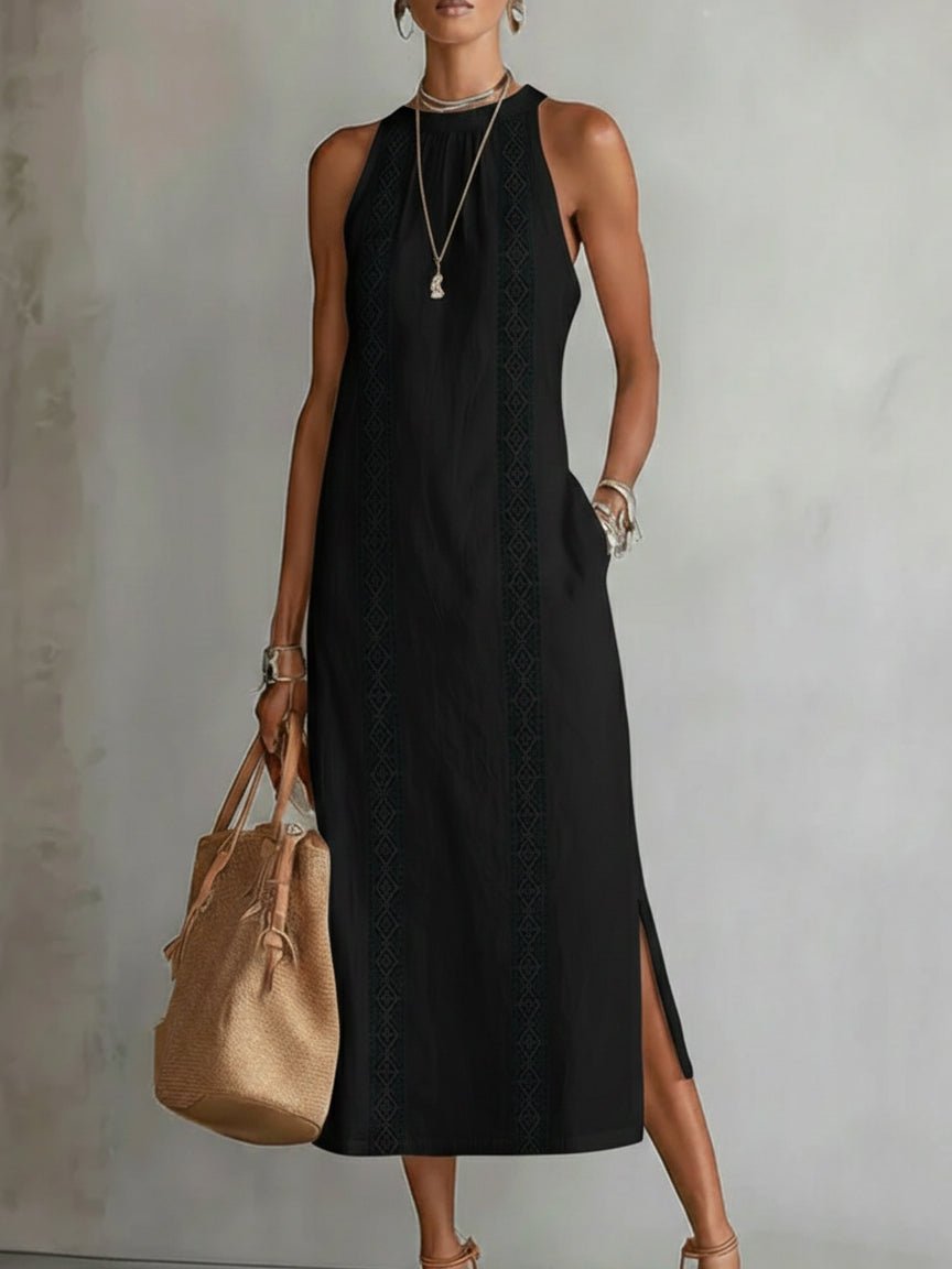 Women's Sleeveless Embroidered Midi Shift Dress - Black