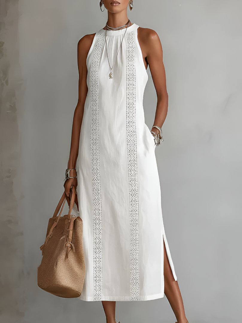 Women's Sleeveless Embroidered Midi Shift Dress - White