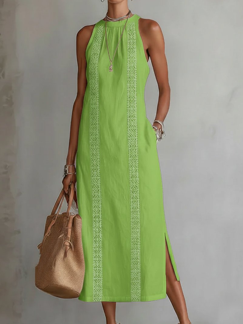 Women's Sleeveless Embroidered Midi Shift Dress - Green