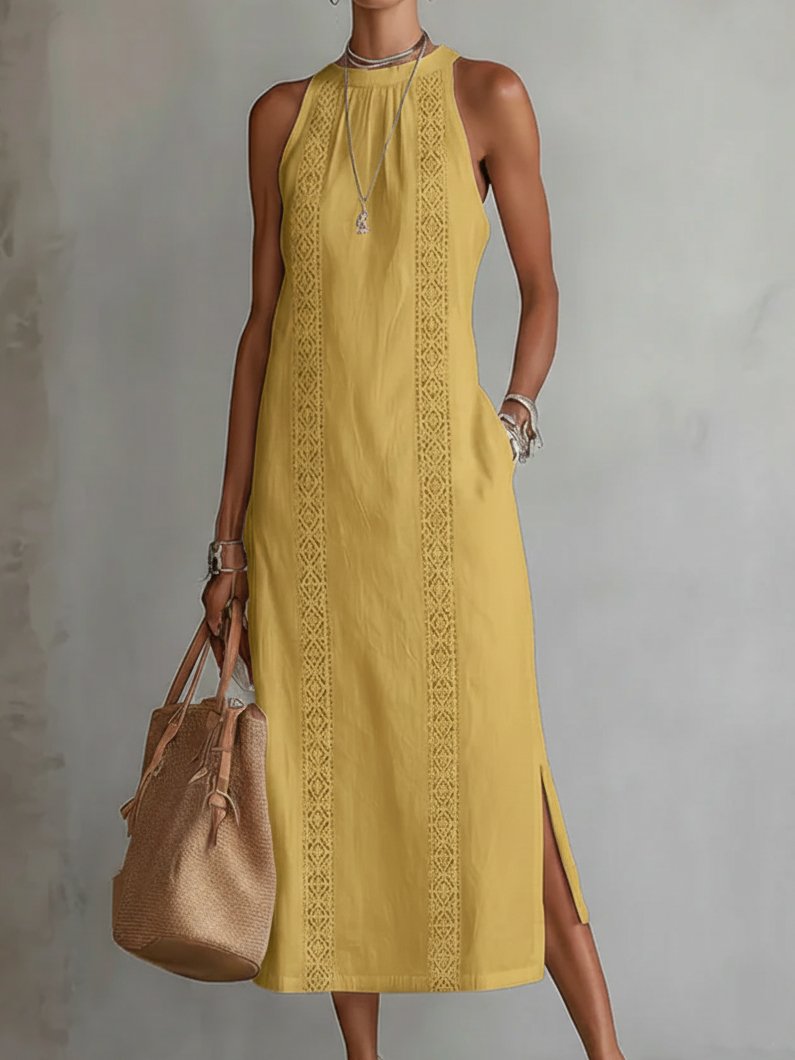 Women's Sleeveless Embroidered Midi Shift Dress - Yellow