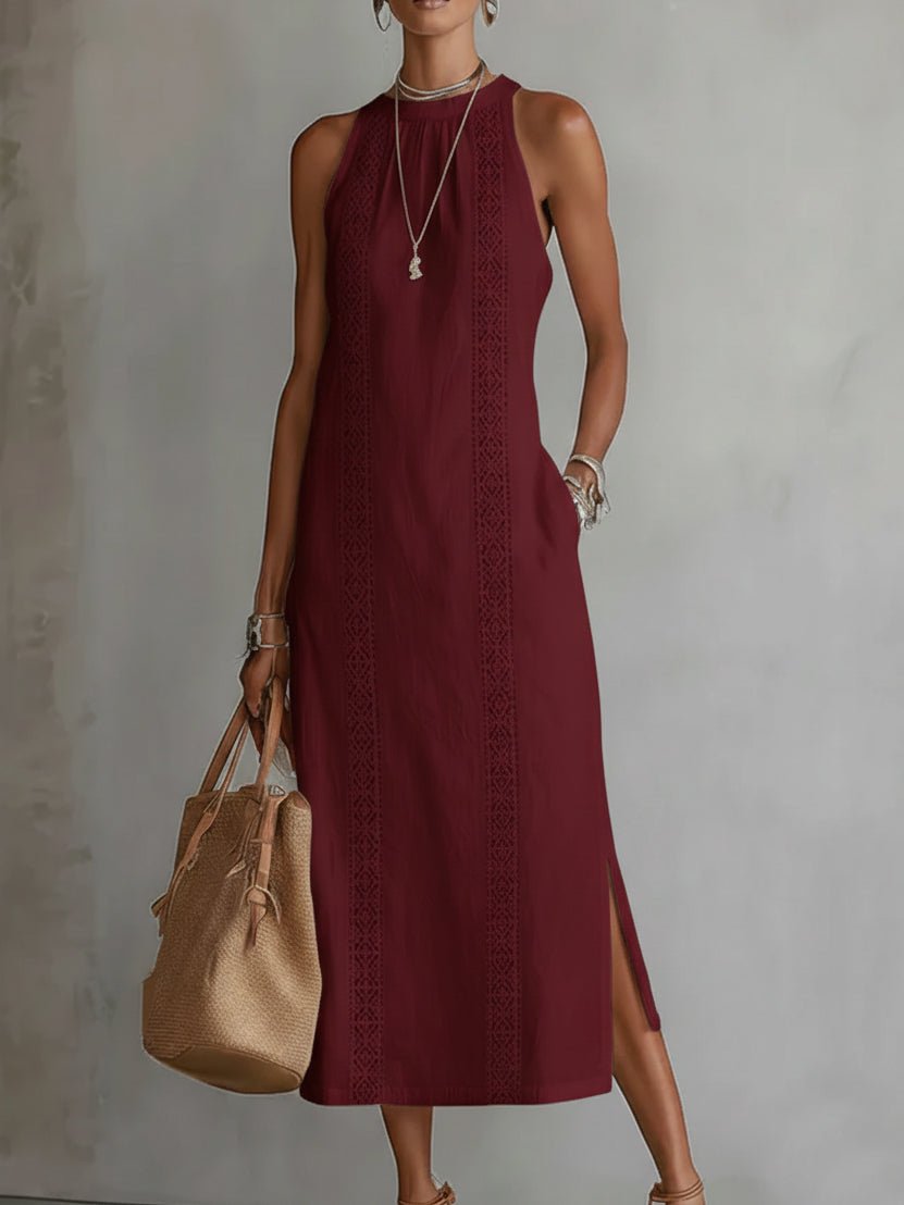 Women's Sleeveless Embroidered Midi Shift Dress - Red