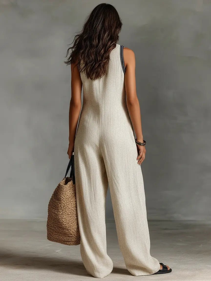 Women's Sleeveless Linen-Blend Embroidered Wide-Leg Jumpsuit