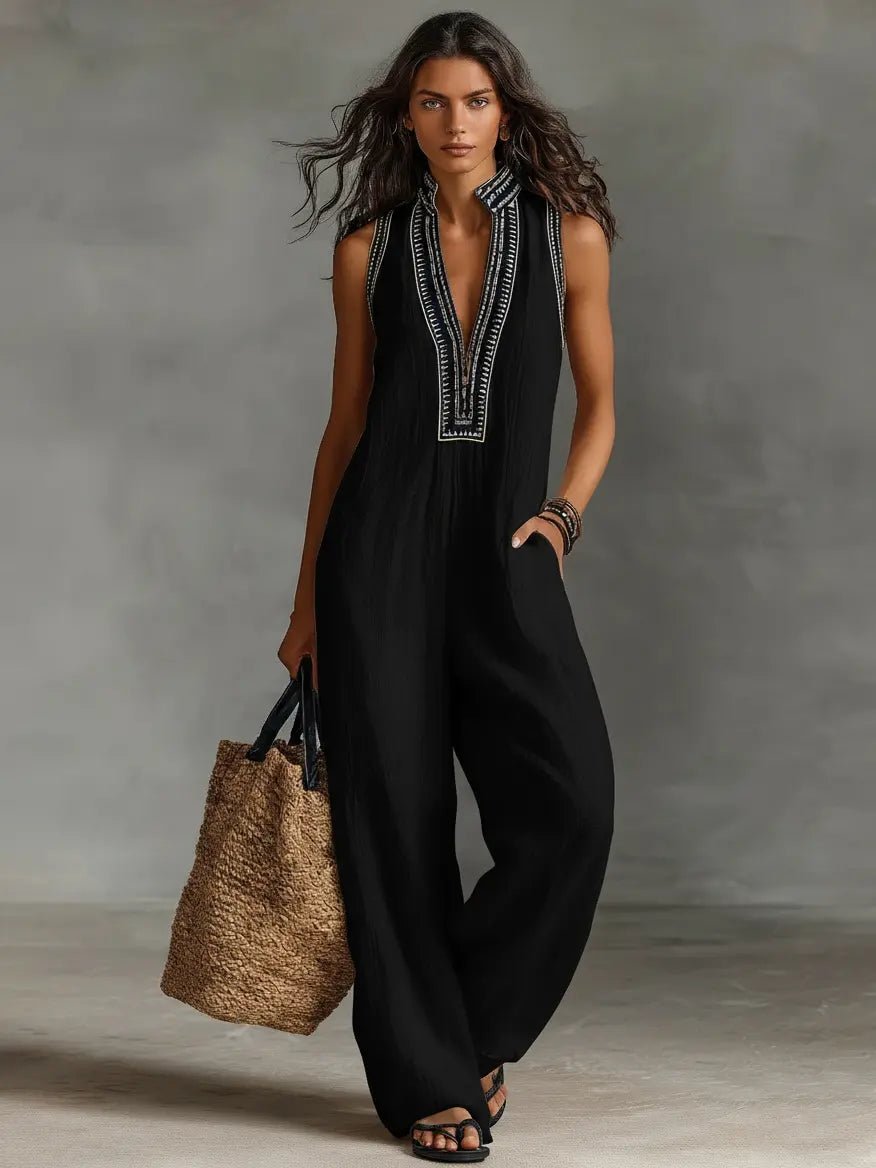 Women's Sleeveless Linen-Blend Embroidered Wide-Leg Jumpsuit - Black