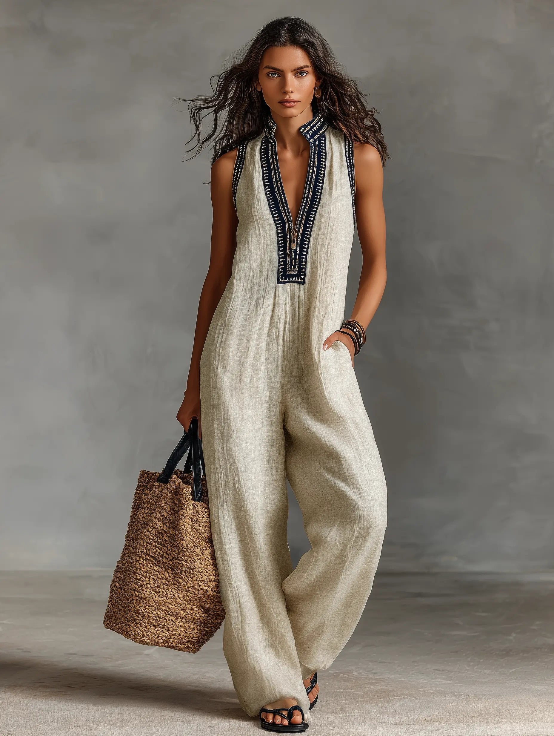 Women's Sleeveless Linen-Blend Embroidered Wide-Leg Jumpsuit