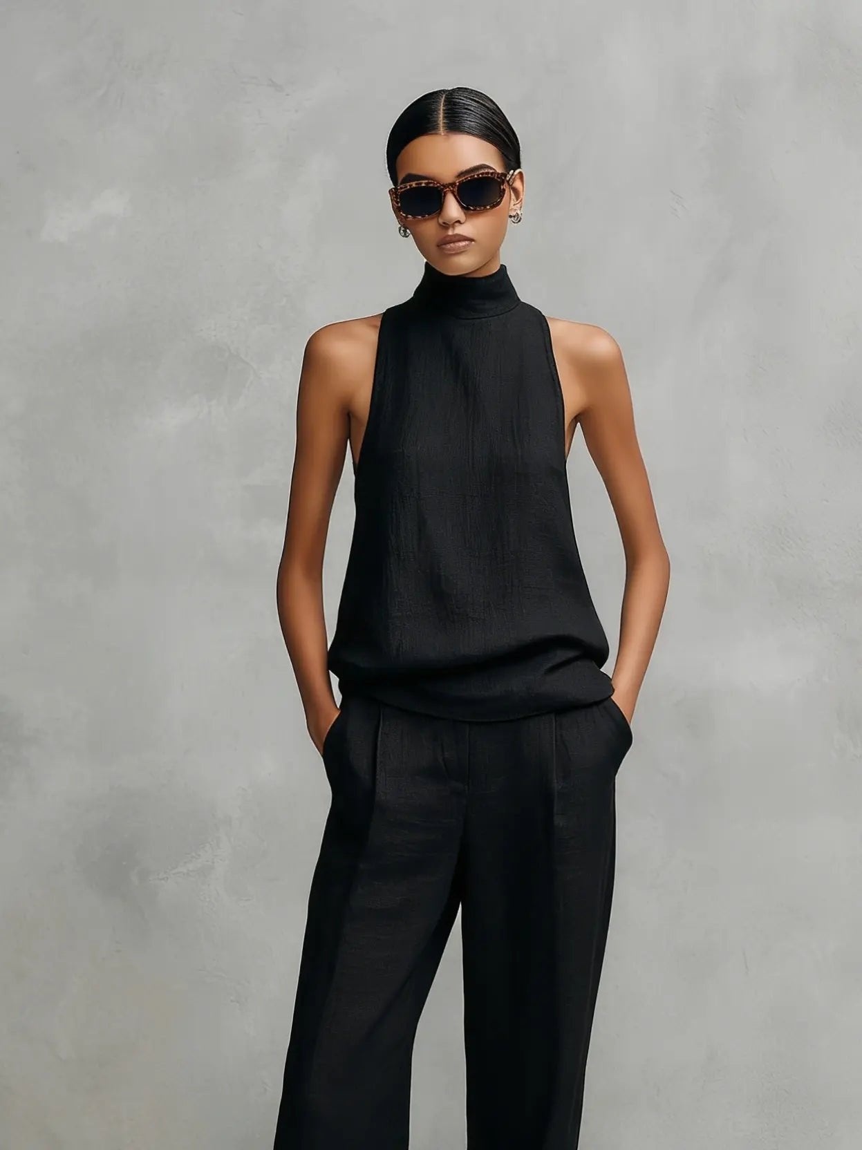 Women's Sleeveless Mock-Neck Cotton-Linen Two-Piece Pants Set