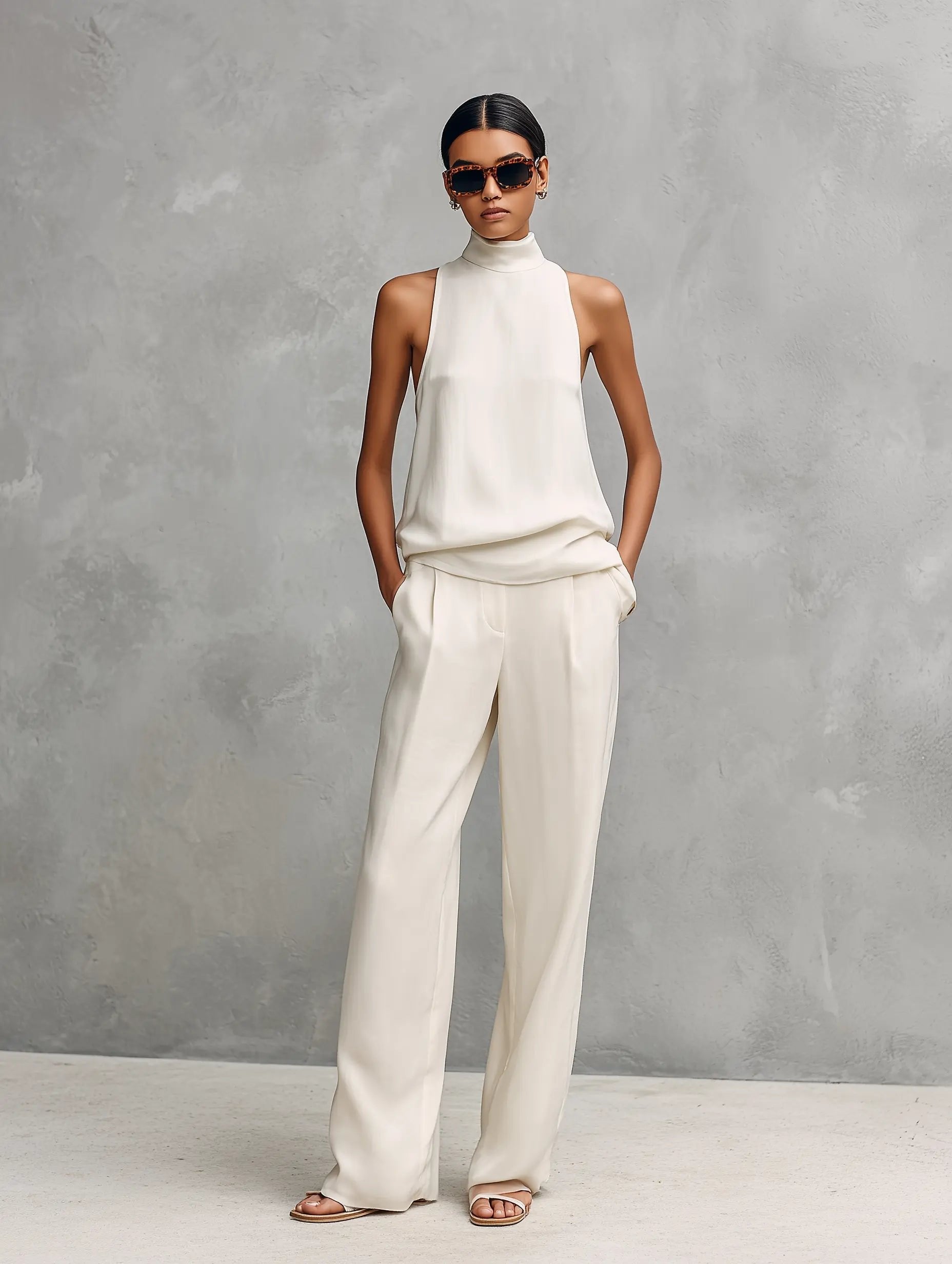 Women's Sleeveless Mock-Neck Cotton-Linen Two-Piece Pants Set - White