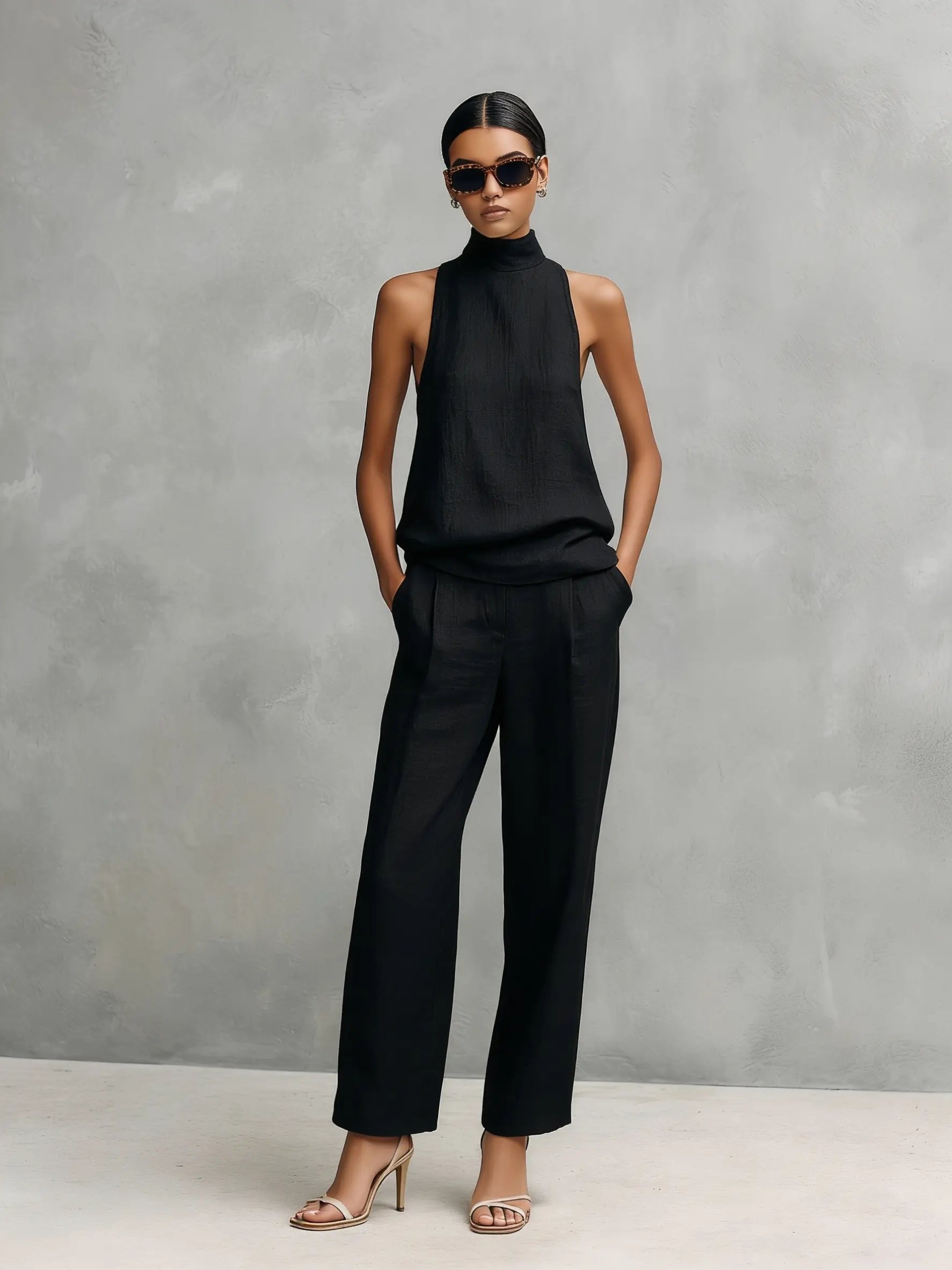 Women's Sleeveless Mock-Neck Cotton-Linen Two-Piece Pants Set