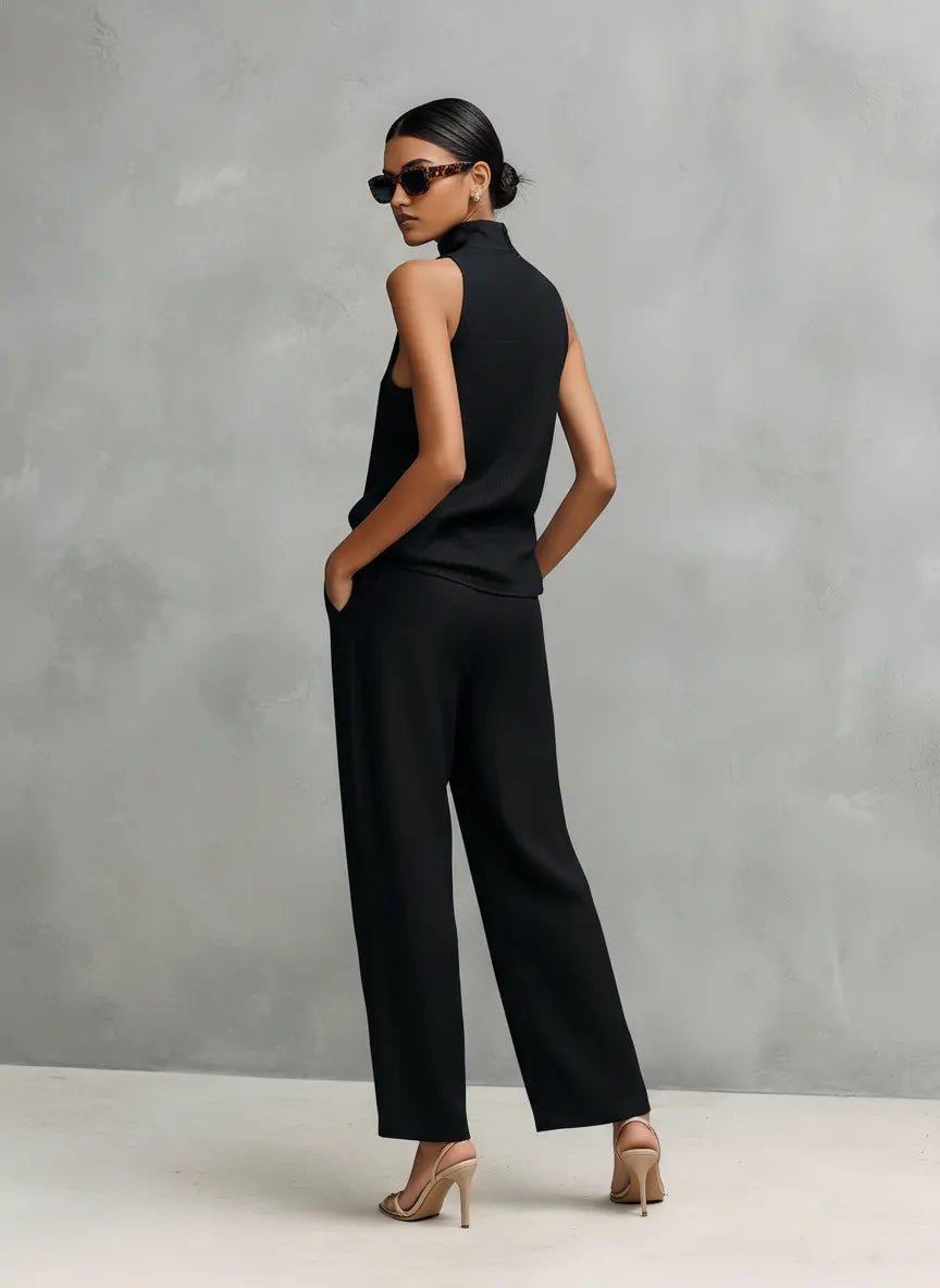 Women's Sleeveless Mock-Neck Cotton-Linen Two-Piece Pants Set