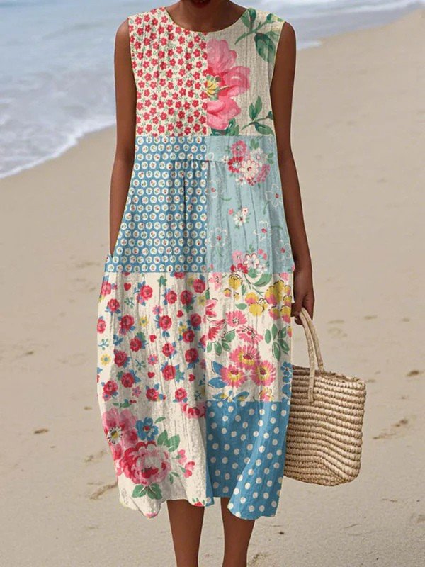 Women's Sleeveless Patchwork Floral Relaxed-Fit Midi Dress - Multicolor