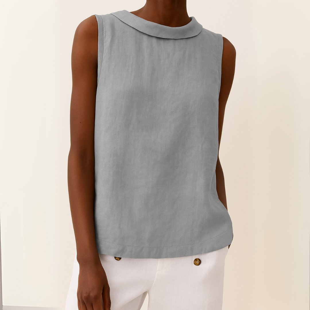 Women's Sleeveless Roll-Neck Linen-Blend Boxy Blouse - Grey