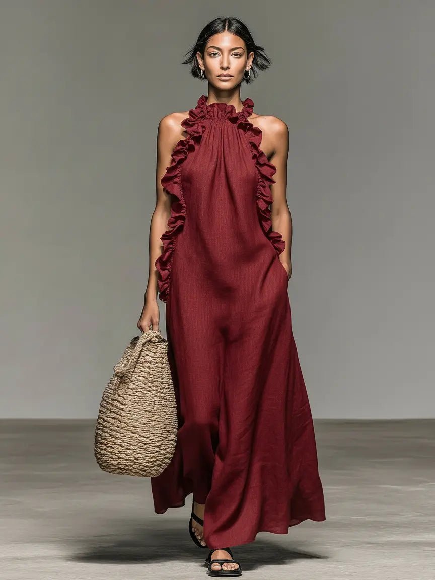 Women's Sleeveless Ruffle-Trim Linen Blend Halter Maxi Dress - Red