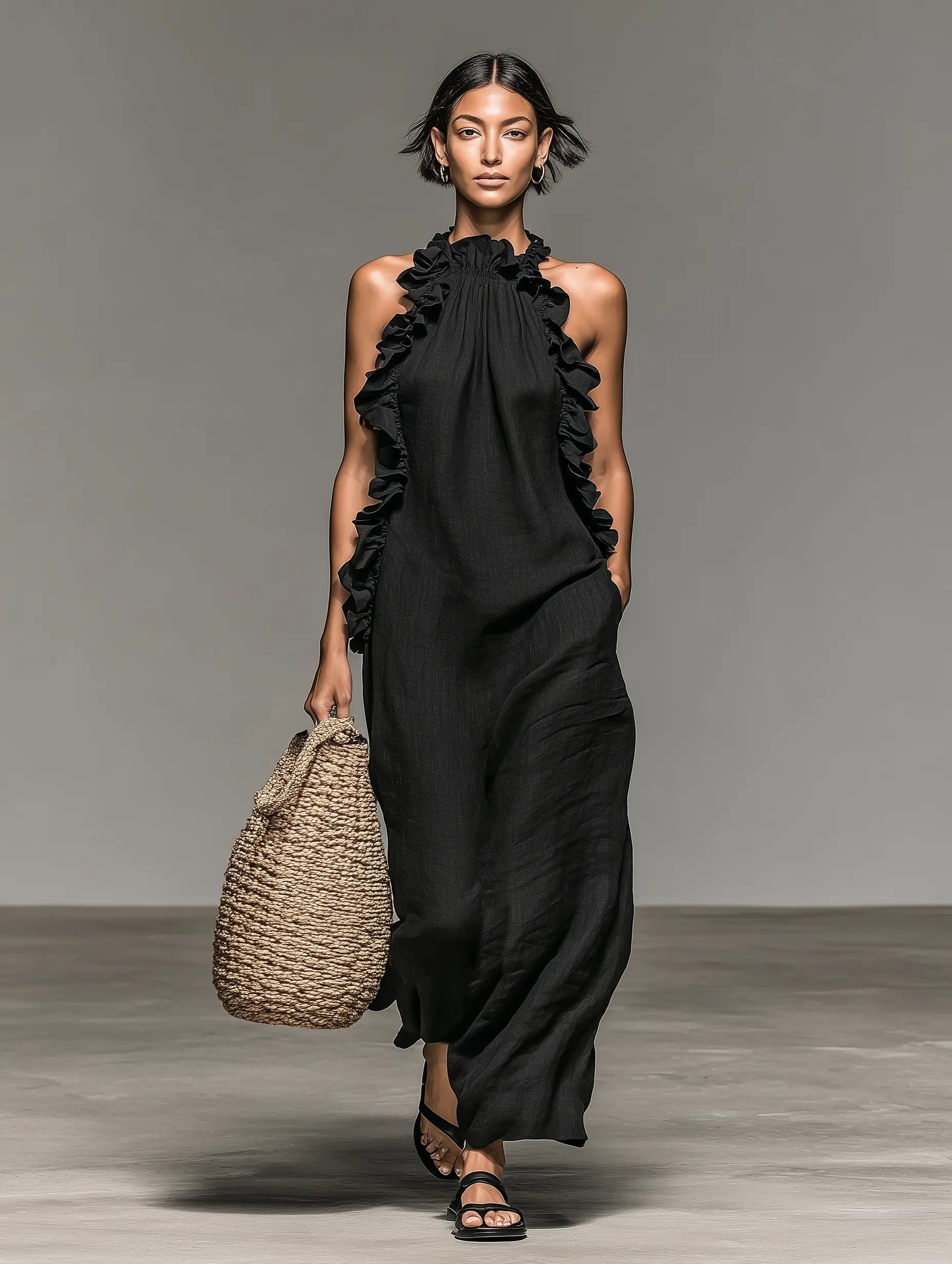 Women's Sleeveless Ruffle-Trim Linen Blend Halter Maxi Dress