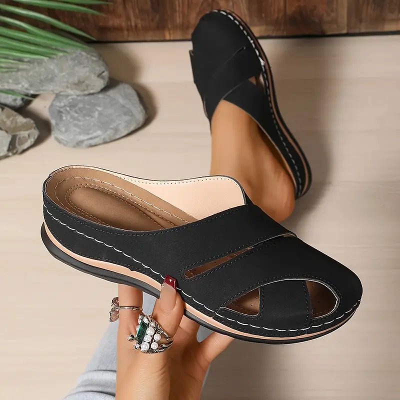 Women's Slip-On Cutout Comfort Slide Sandals Round Toe - Black
