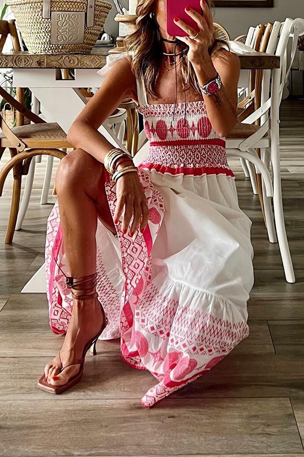 Women's Smocked Bodice Tie-Strap Boho Print Maxi Dress