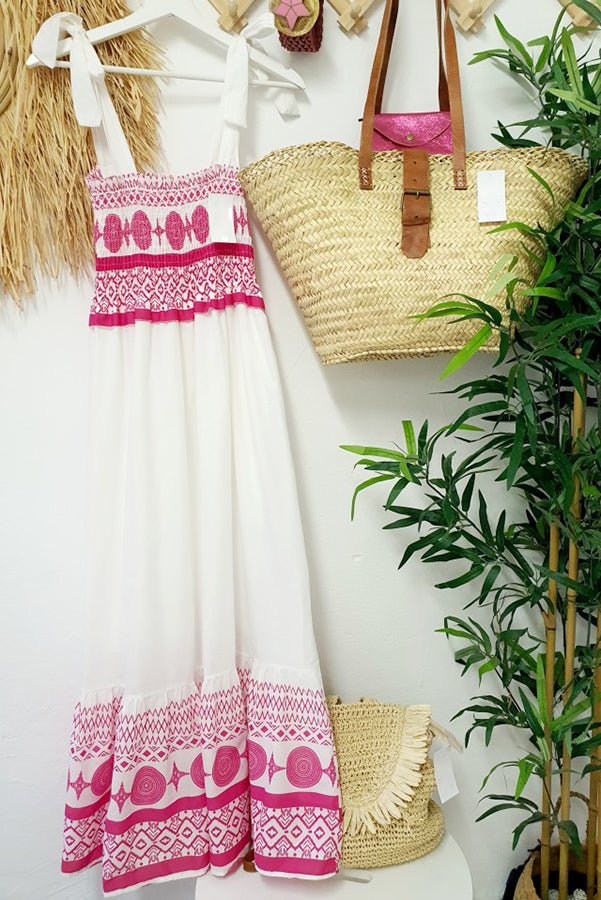 Women's Smocked Bodice Tie-Strap Boho Print Maxi Dress