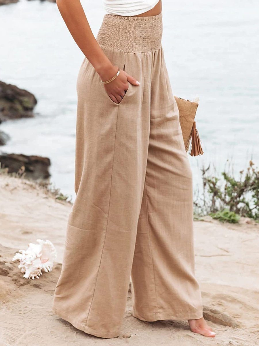 Women's Smocked High-Waist Wide-Leg Linen Pants