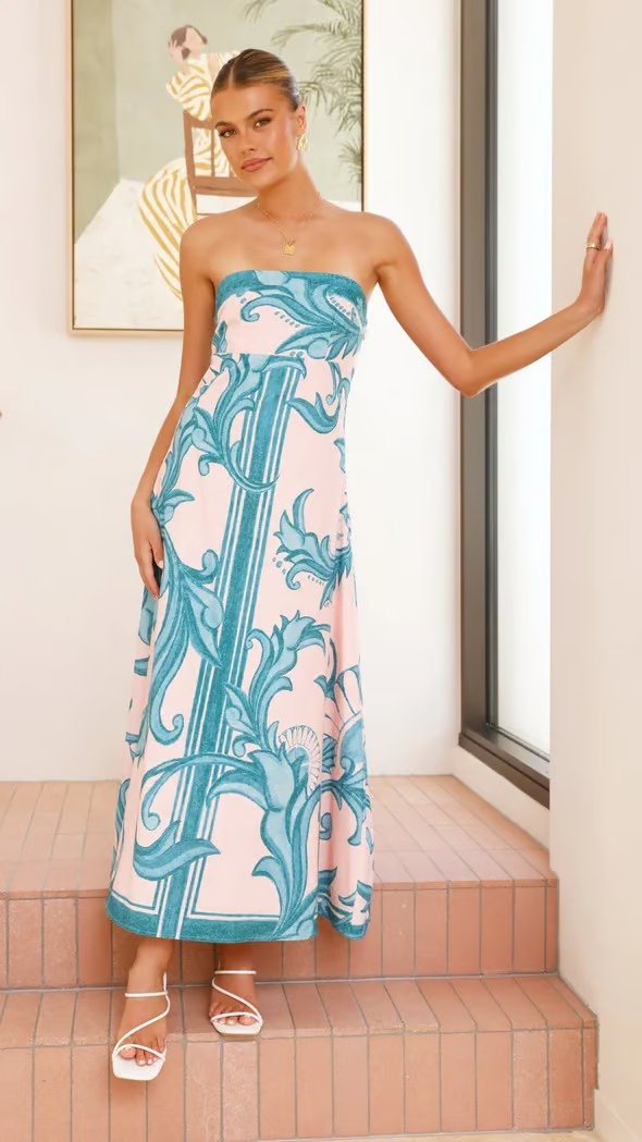 Women's Strapless Baroque-Print Maxi Tube Dress - Light Blue