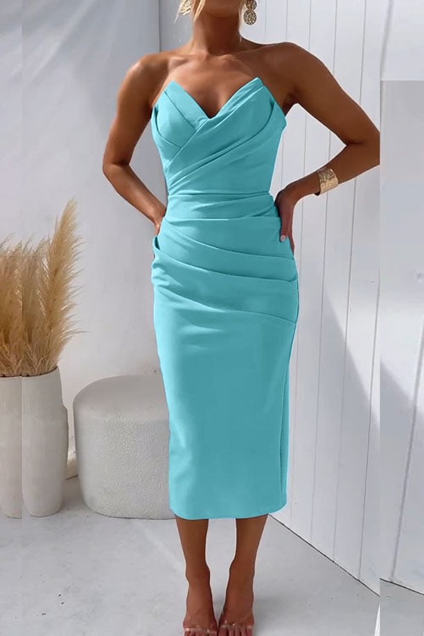 Women's Strapless Draped Fitted Cocktail Midi Dress - Turquoise