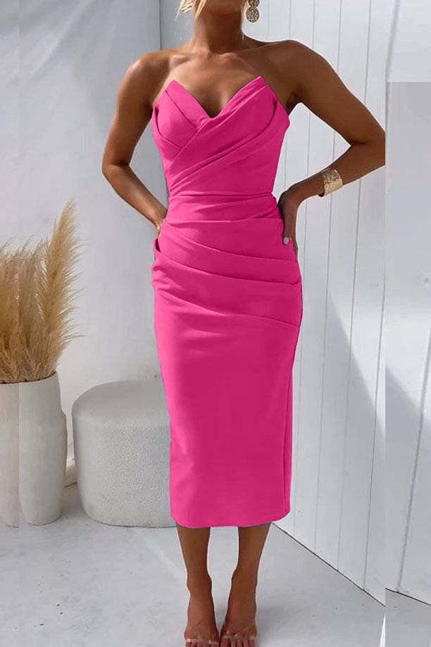 Women's Strapless Draped Fitted Cocktail Midi Dress - Rose