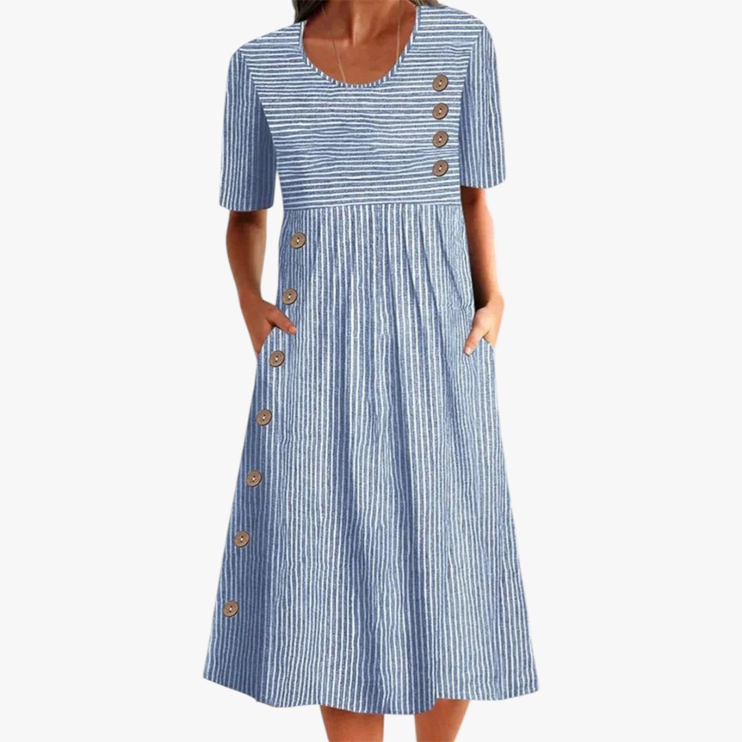 Women's Striped Button-Detail Short-Sleeve Midi Dress