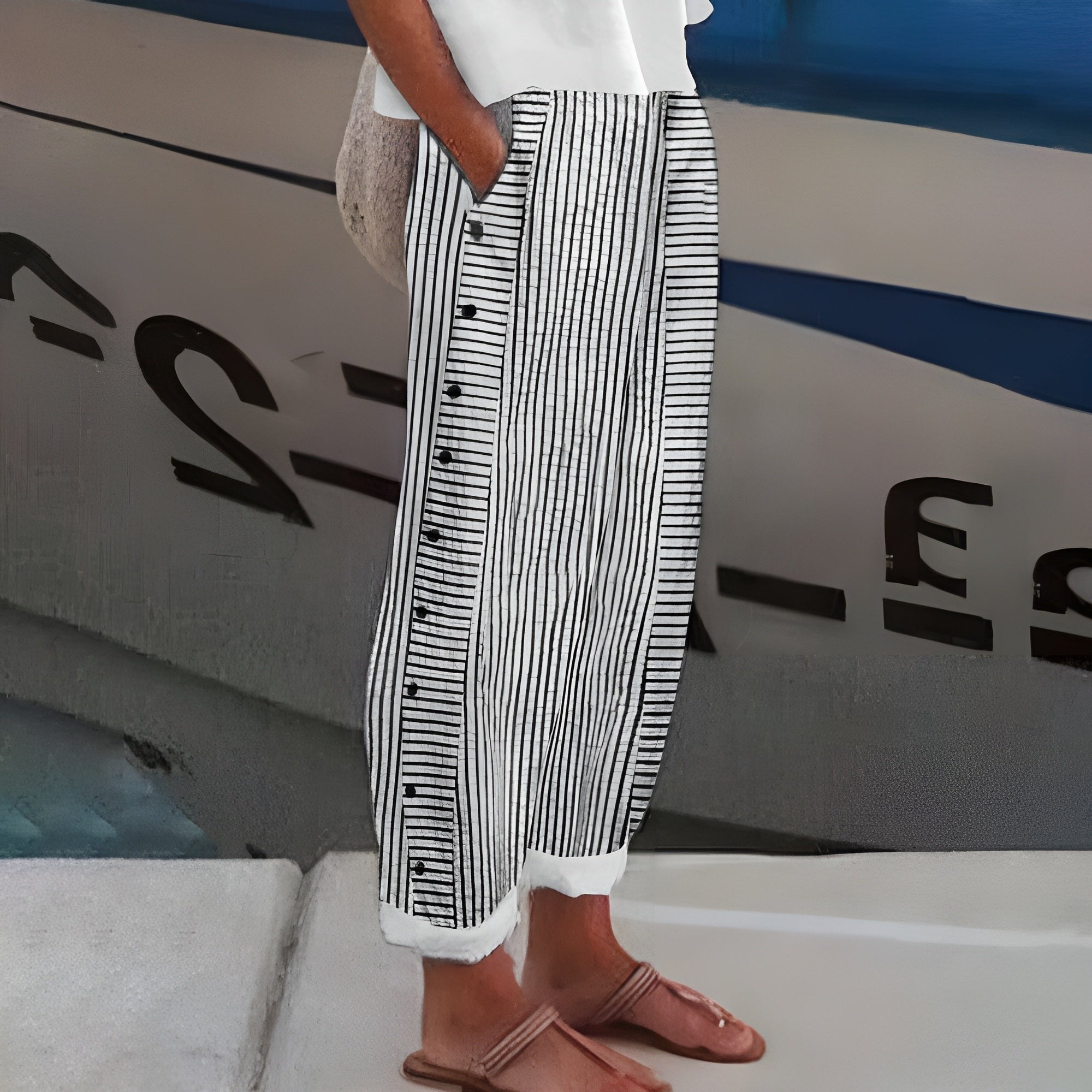 Women's Striped Straight-Leg Elastic-Waist Side-Button Pants - Black