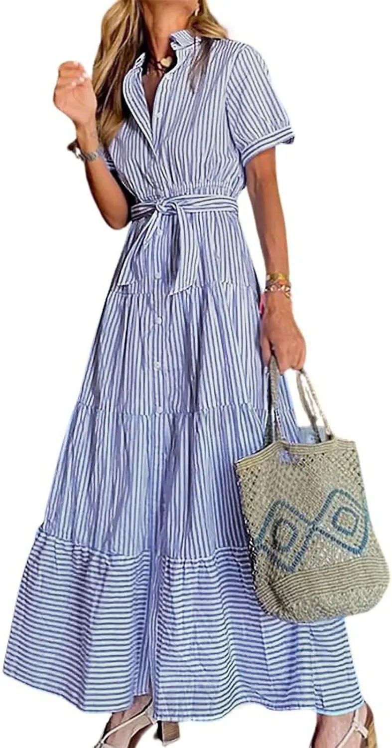 Women's Striped Tiered Ruffle Maxi Shirt Dress Tie Waist - Blue