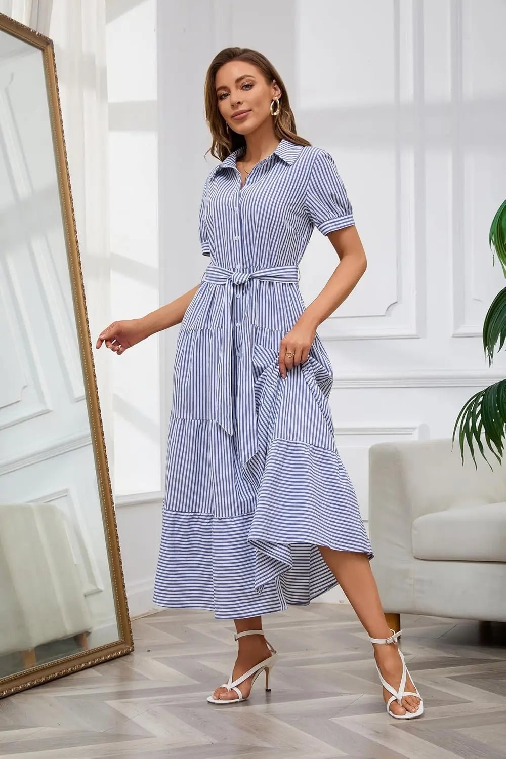 Women's Striped Tiered Ruffle Maxi Shirt Dress Tie Waist