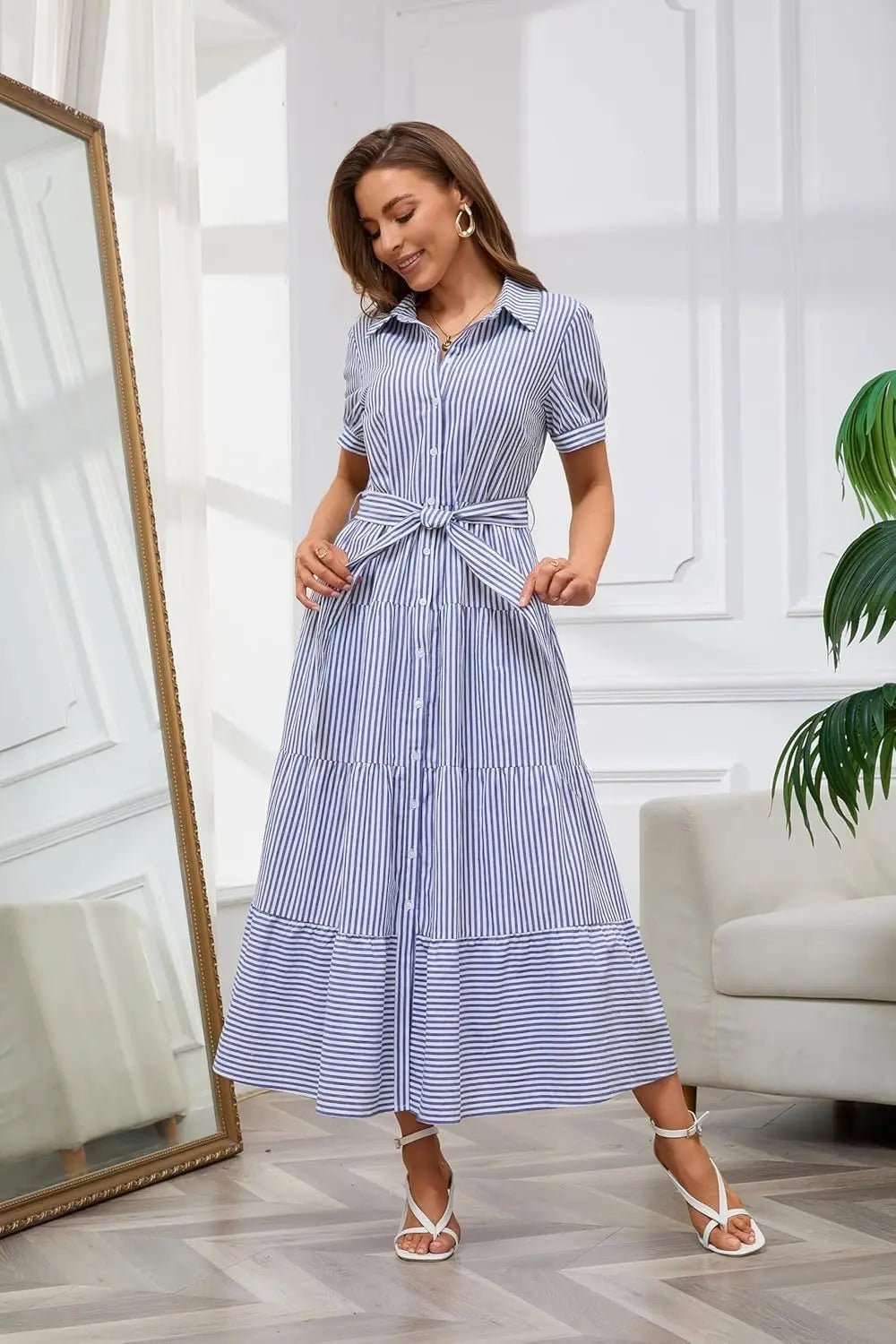Women's Striped Tiered Ruffle Maxi Shirt Dress Tie Waist