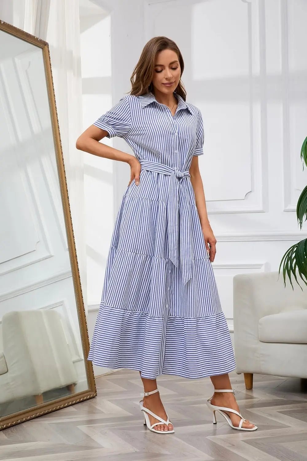 Women's Striped Tiered Ruffle Maxi Shirt Dress Tie Waist