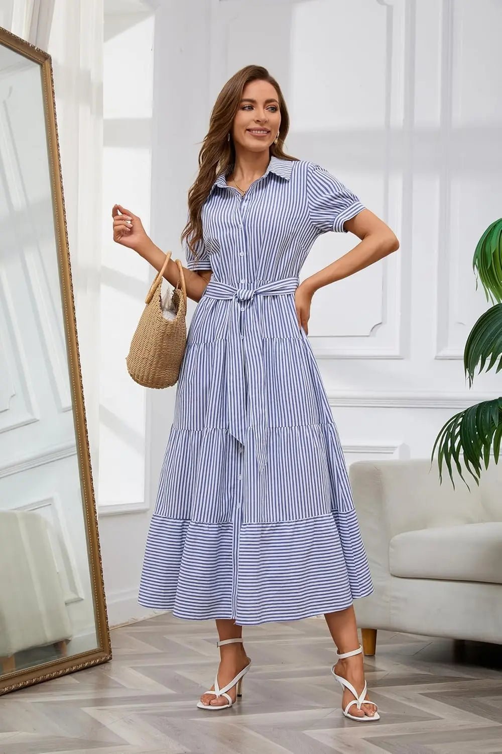 Women's Striped Tiered Ruffle Maxi Shirt Dress Tie Waist