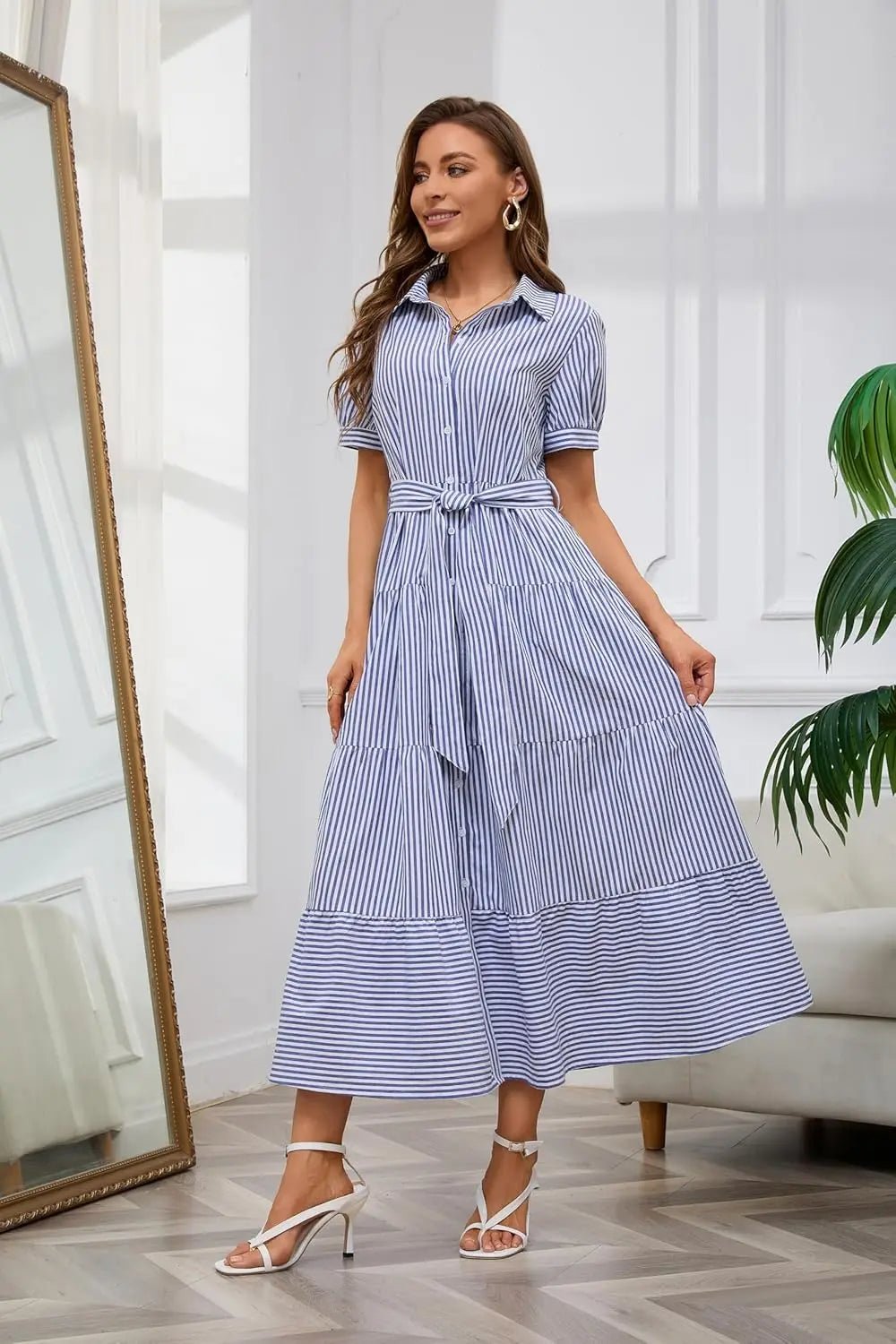 Women's Striped Tiered Ruffle Maxi Shirt Dress Tie Waist