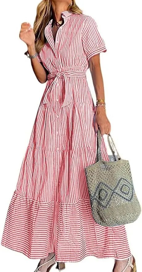 Women's Striped Tiered Ruffle Maxi Shirt Dress Tie Waist - Red