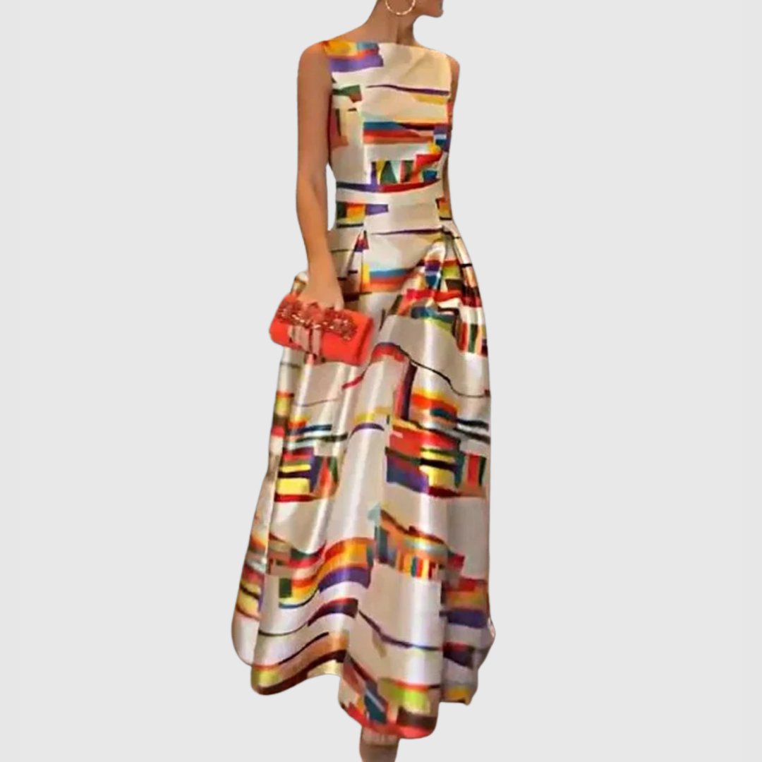Women's Structured Satin Abstract Colorblock Sleeveless Maxi Dress