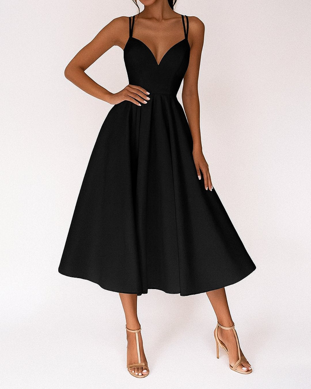 Women's Sweetheart A-Line Spaghetti Strap Midi Dress - Black