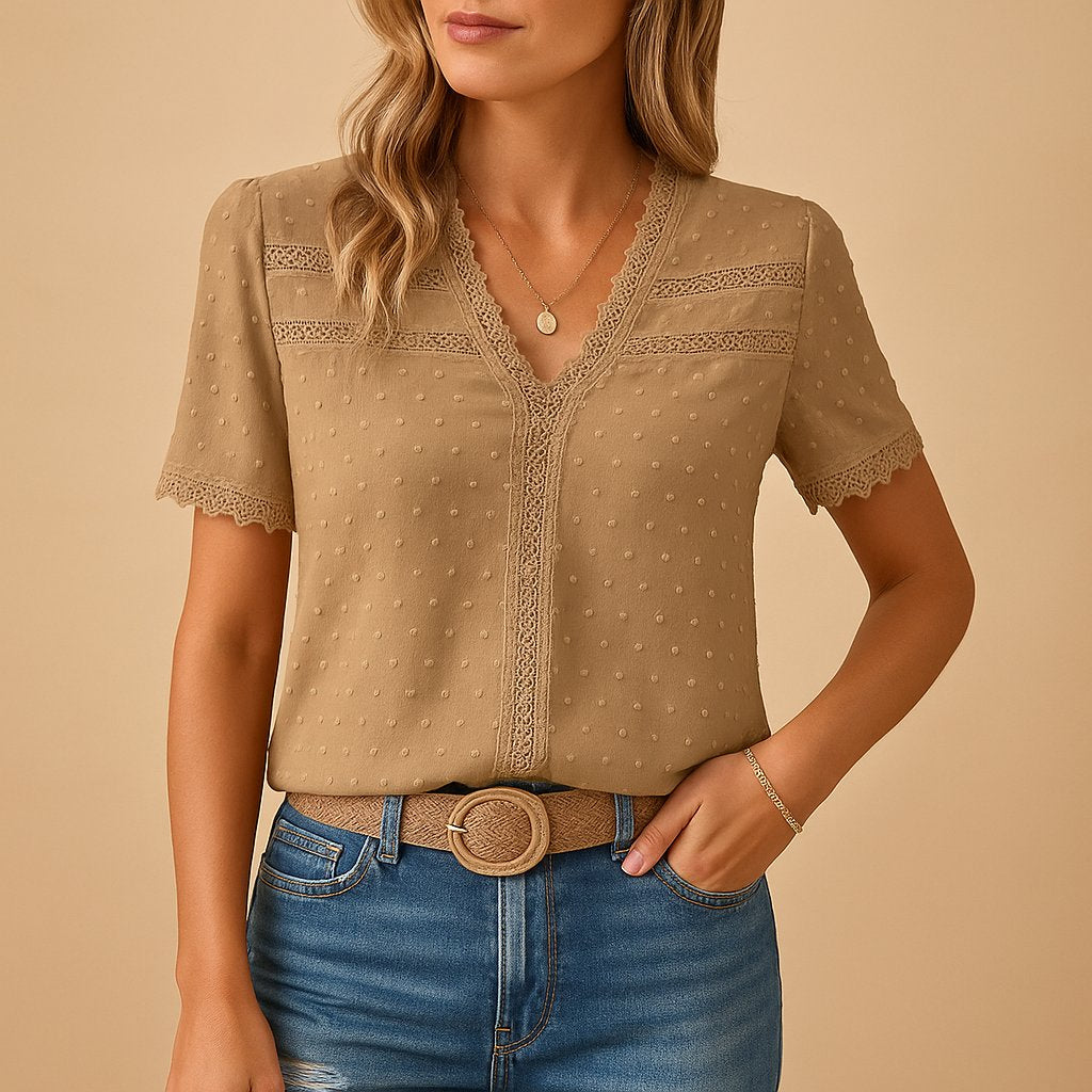 Women's Swiss Dot V-Neck Lace-Trim Short-Sleeve Blouse - Khaki