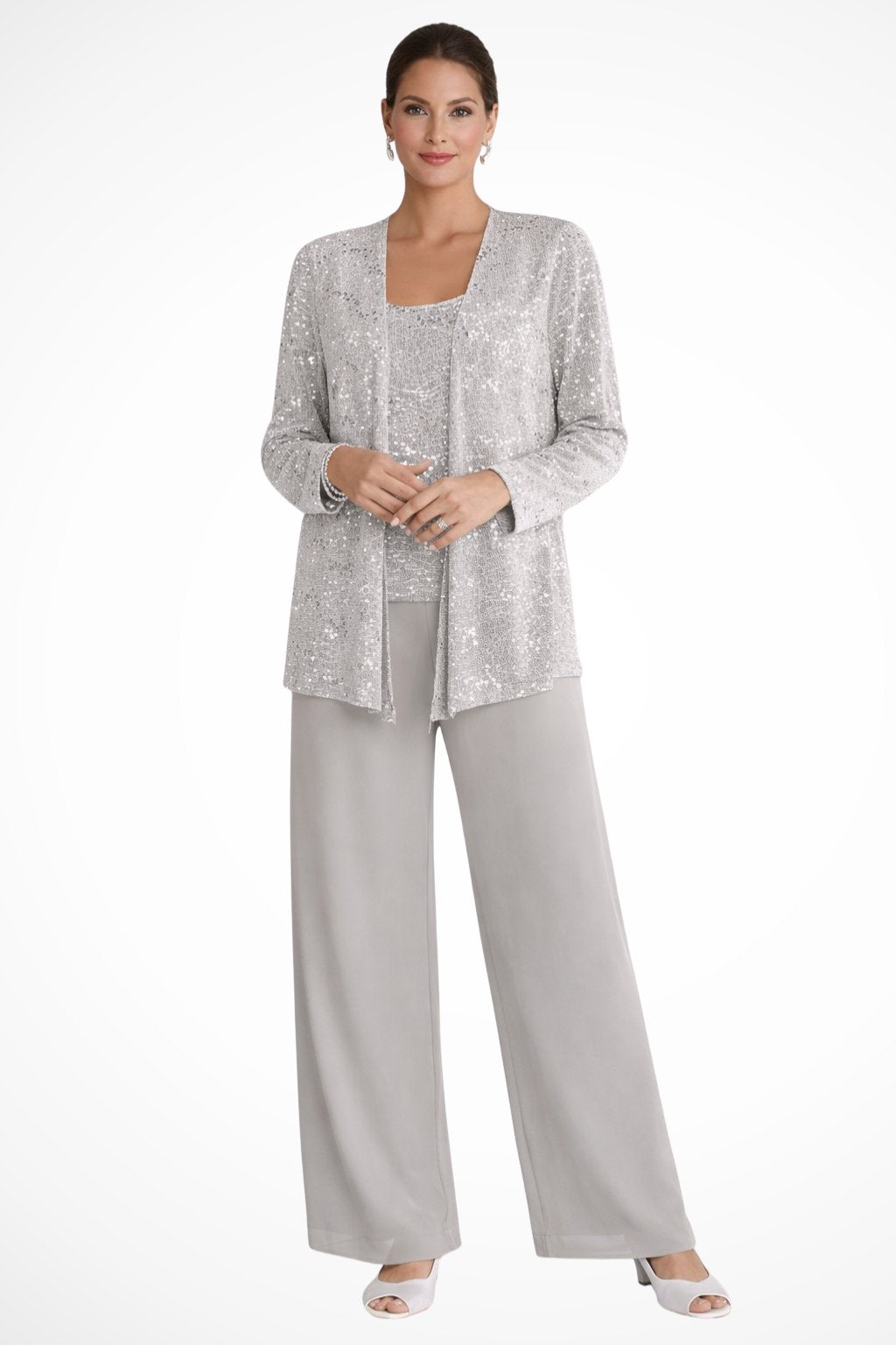 Women's Three-Piece Sequin Jacket Wide-Leg Pants Set - Grey