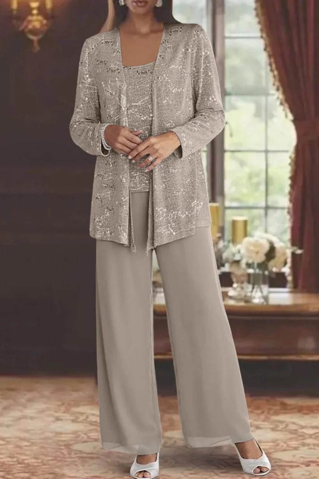 Women's Three-Piece Sequin Jacket Wide-Leg Pants Set