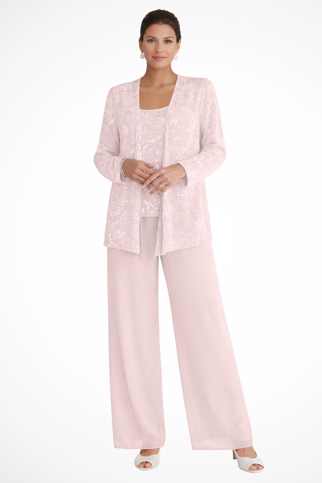 Women's Three-Piece Sequin Jacket Wide-Leg Pants Set - Light Pink