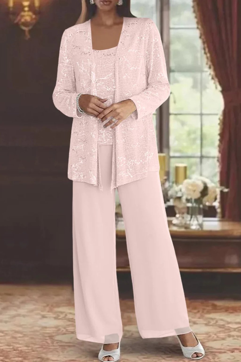 Women's Three-Piece Sequin Jacket Wide-Leg Pants Set