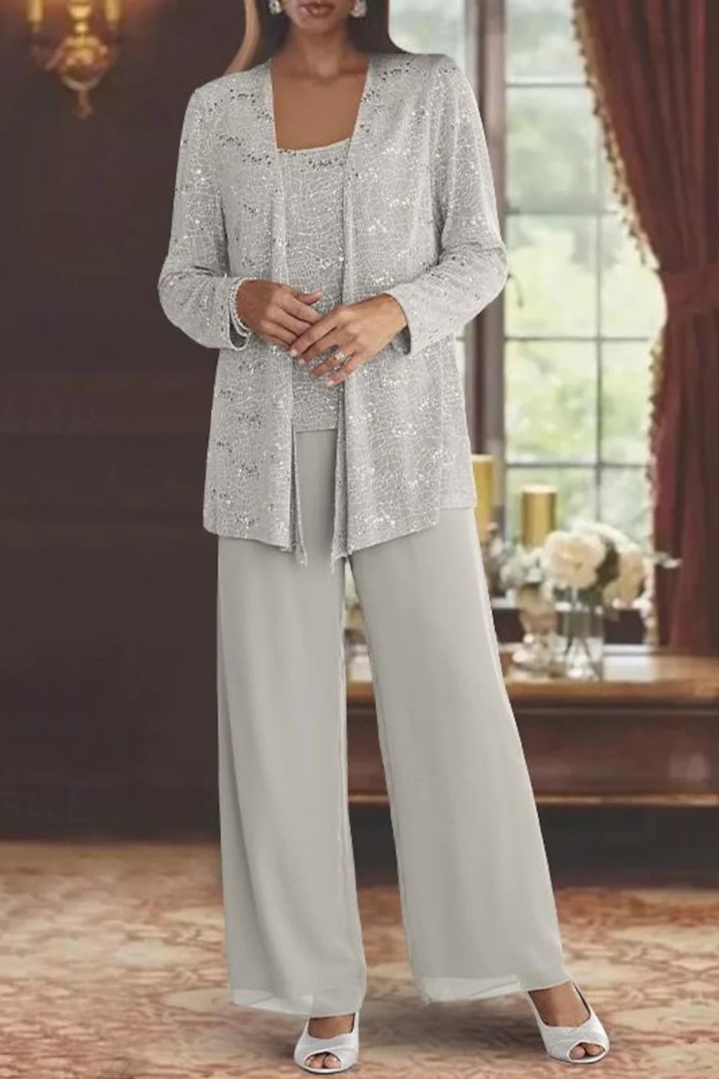 Women's Three-Piece Sequin Jacket Wide-Leg Pants Set