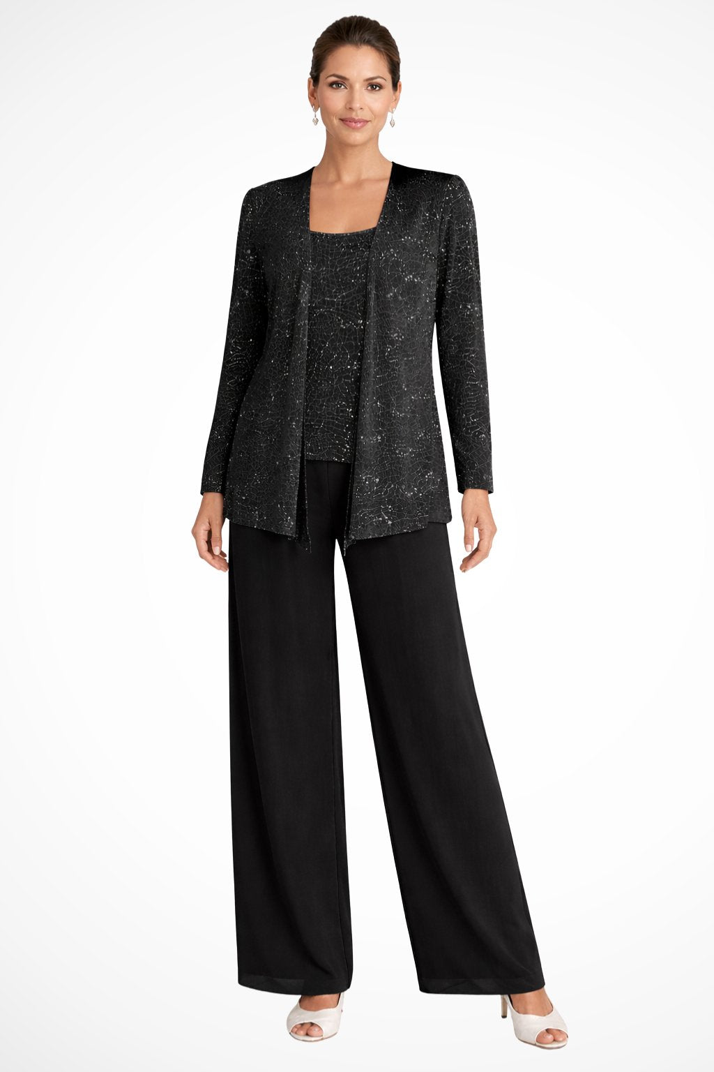Women's Three-Piece Sequin Jacket Wide-Leg Pants Set - Black