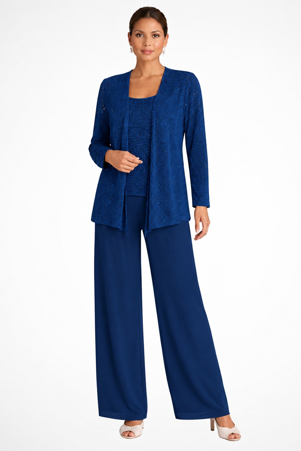 Women's Three-Piece Sequin Jacket Wide-Leg Pants Set - Navy Blue