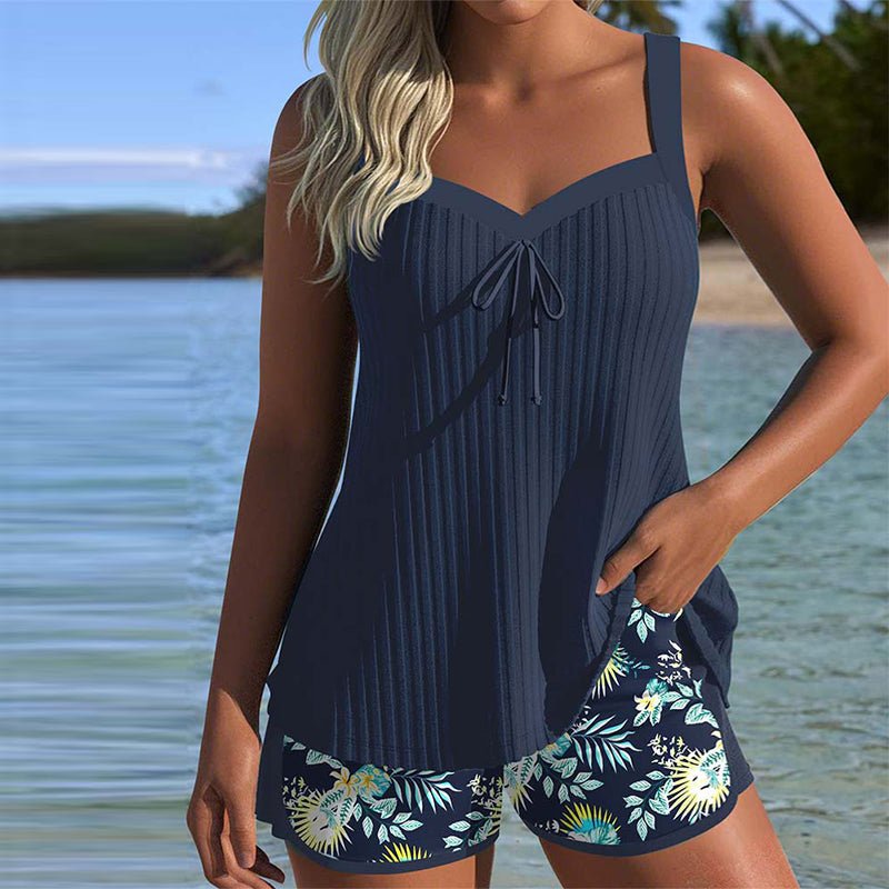 Women's Tummy-Control Striped Tankini Two-Piece Swimsuit Shorts Set - Navy Blue