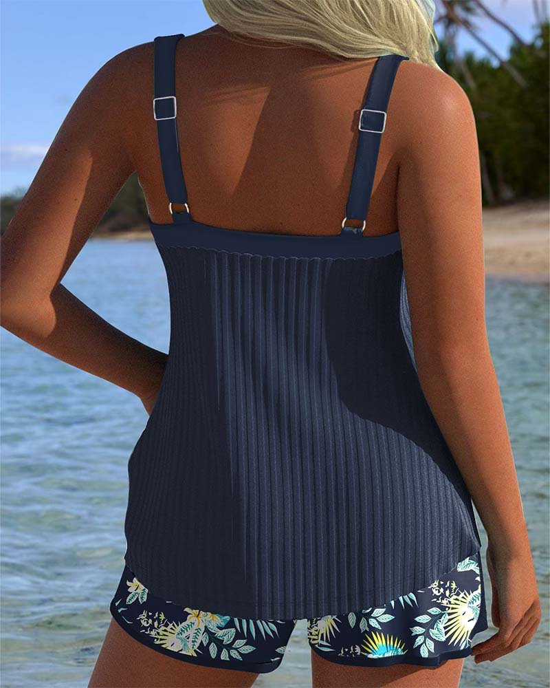 Women's Tummy-Control Striped Tankini Two-Piece Swimsuit Shorts Set
