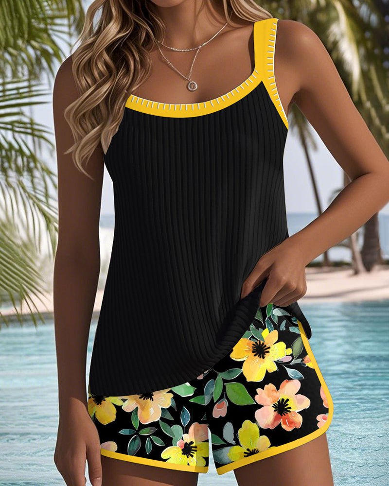 Women's Tummy Control Tankini Set Floral Two-Piece Swimsuit - Yellow