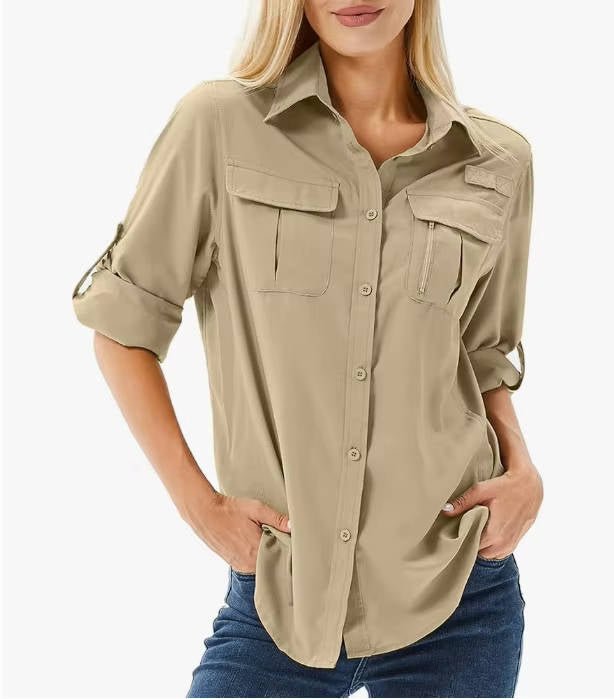 Women's UPF 50 Roll-Up Sleeve Outdoor Hiking Button-Down Shirt - Yellow